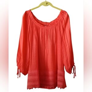 Unique Spectrum Orange Semi Sheer Peasant Boho 3/4 Sleeves Pullover Top NWT XL